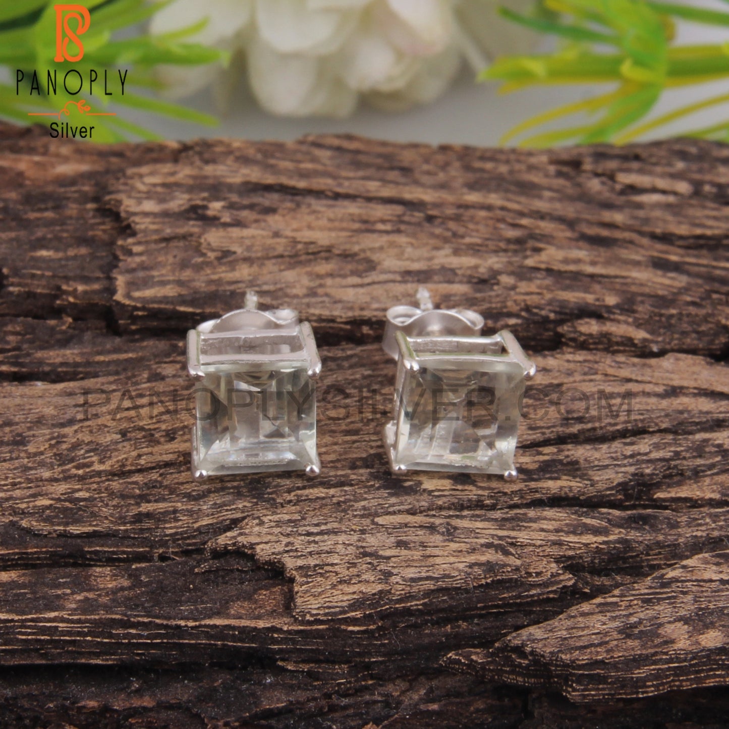Green Amethyst Square Shape Stone 925 Silver Studs Earrings