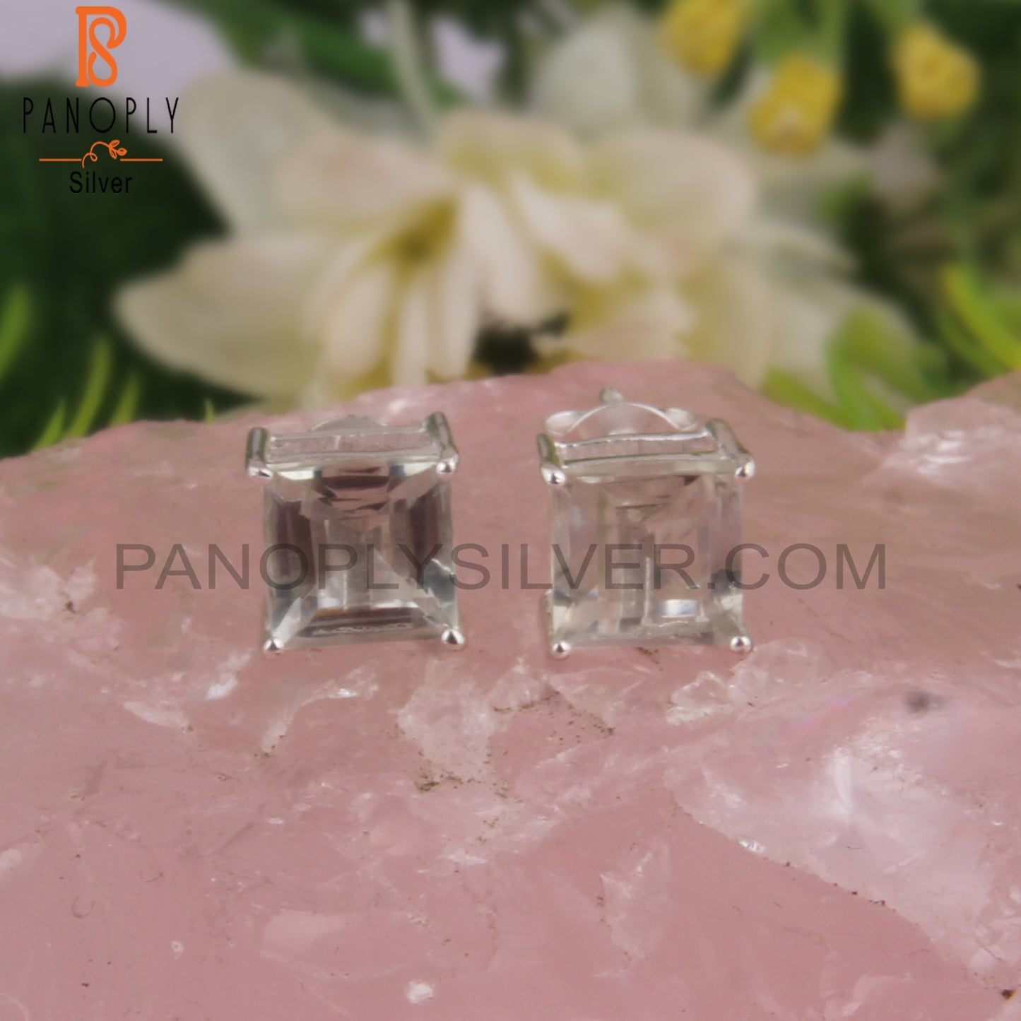 Green Amethyst Square Shape Stone 925 Silver Studs Earrings