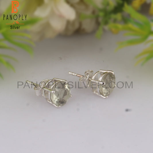 Green Amethyst Round Shape 925 Sterling Silver Stud Earrings