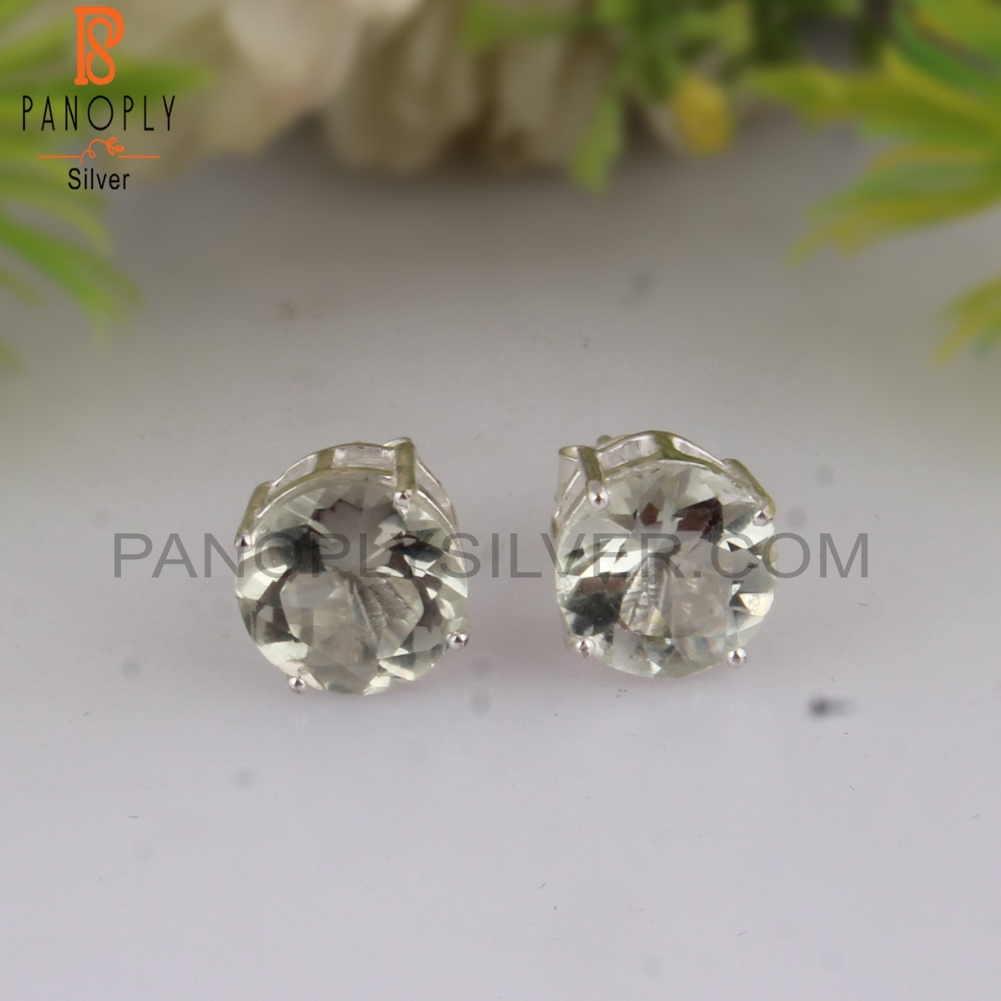 Green Amethyst Round Shape 925 Sterling Silver Studs Earrings