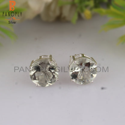Green Amethyst Round Shape 925 Sterling Silver Studs Earrings