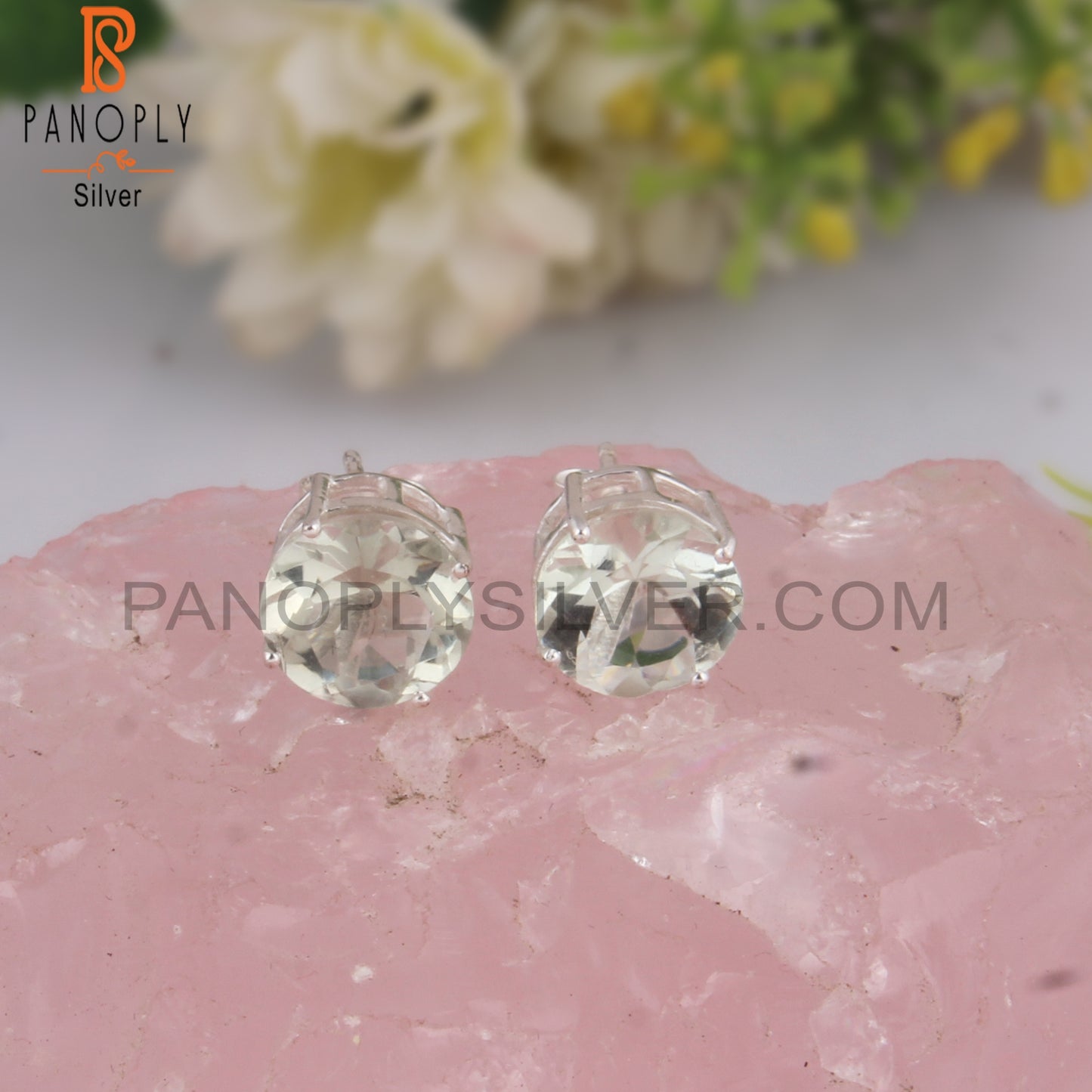 Green Amethyst Round Shape 925 Sterling Silver Studs Earrings