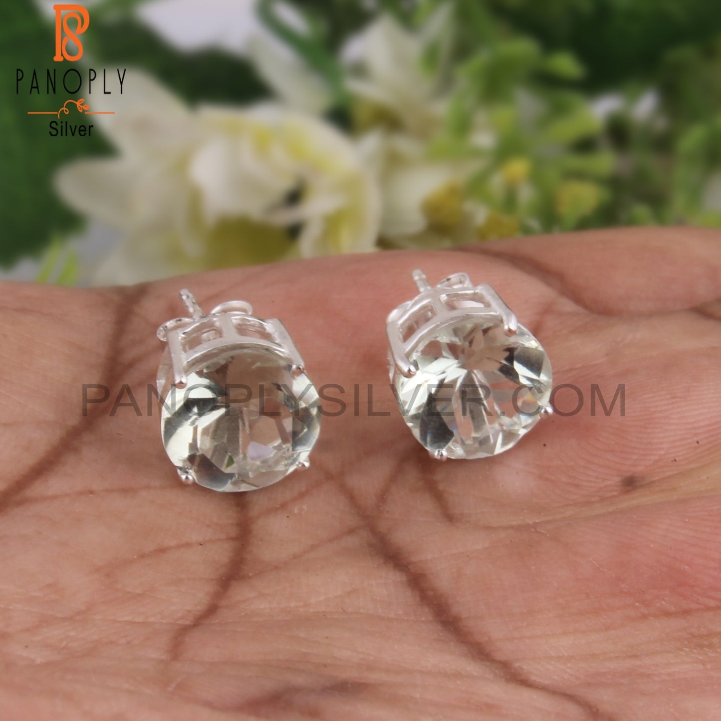 Green Amethyst Round Shape 925 Sterling Silver Studs Earrings
