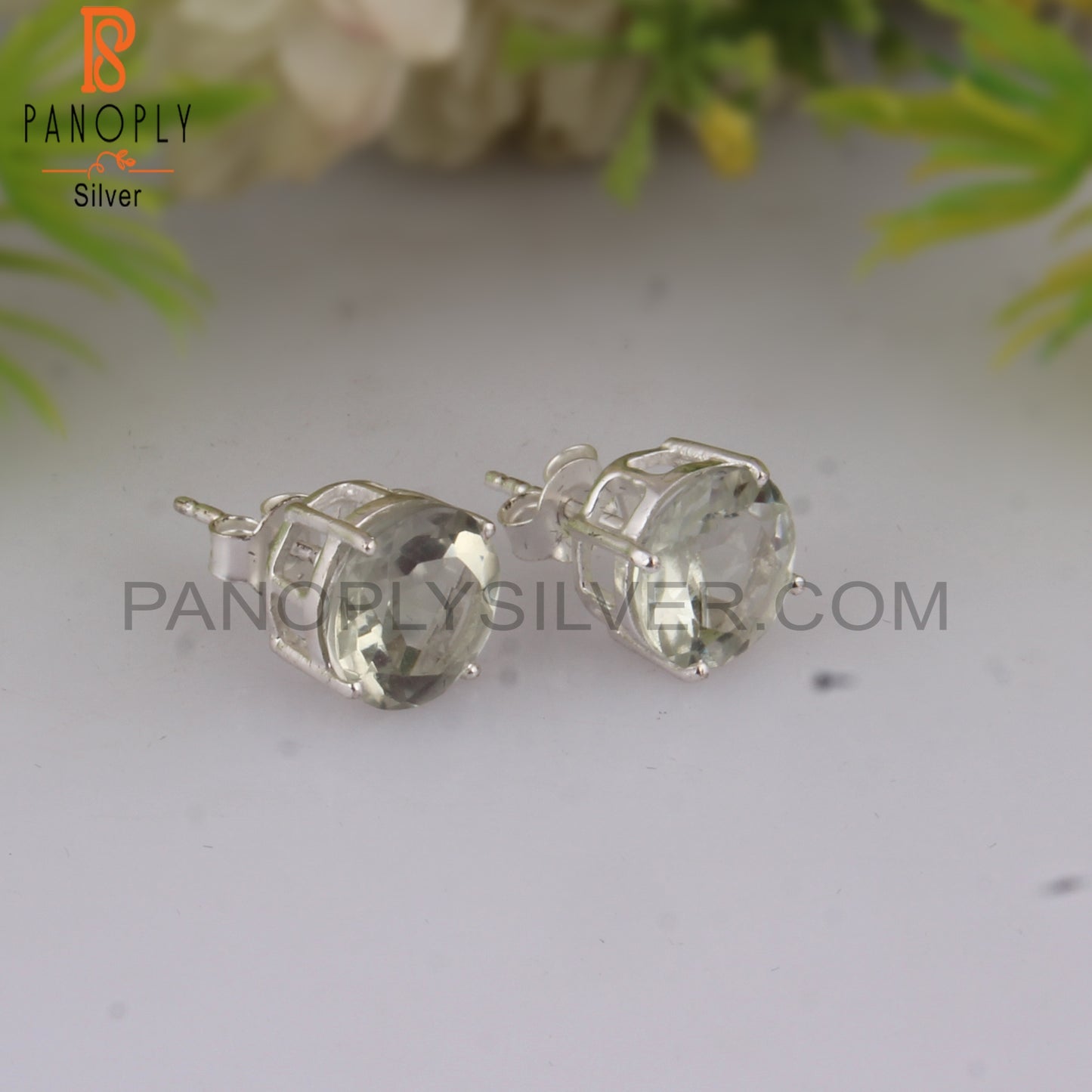 Green Amethyst Round Shape 925 Sterling Silver Studs Earrings