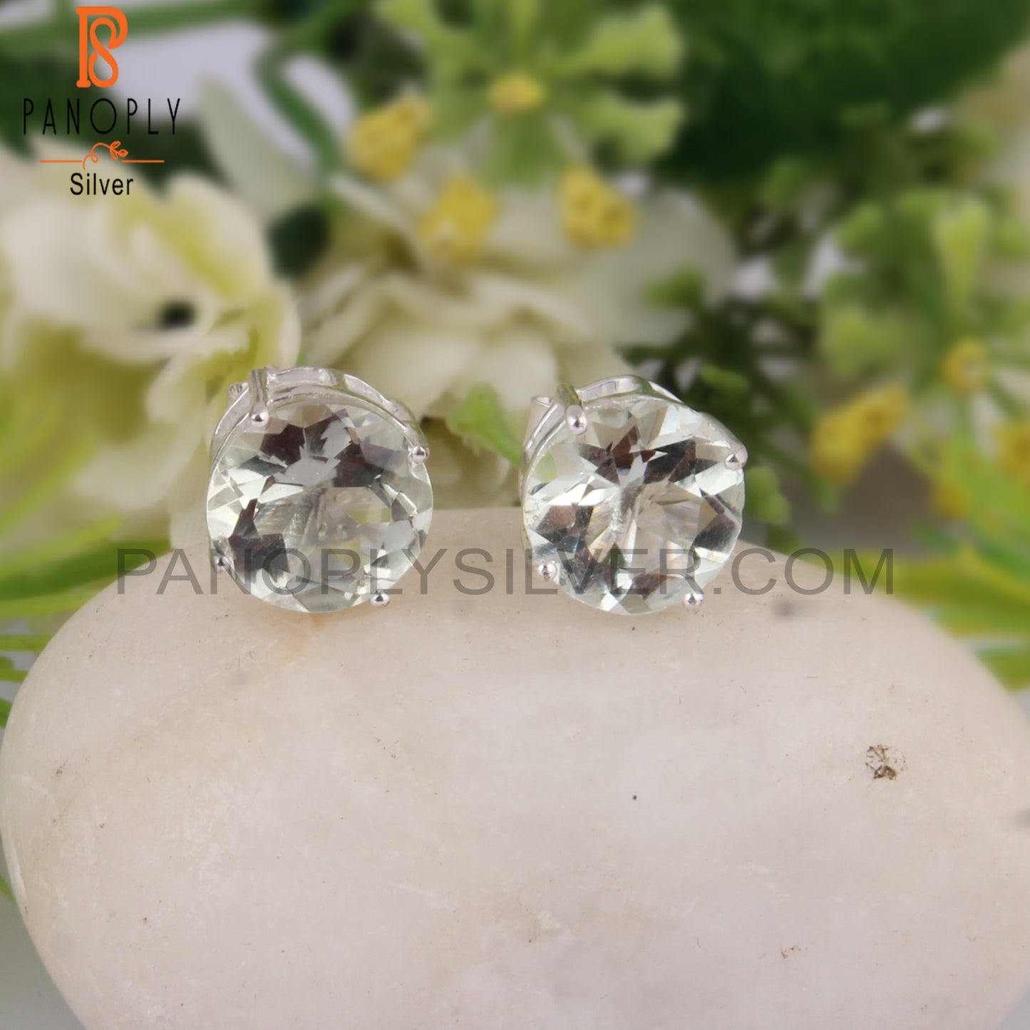 Green Amethyst Round Shape 925 Sterling Silver Studs Earrings