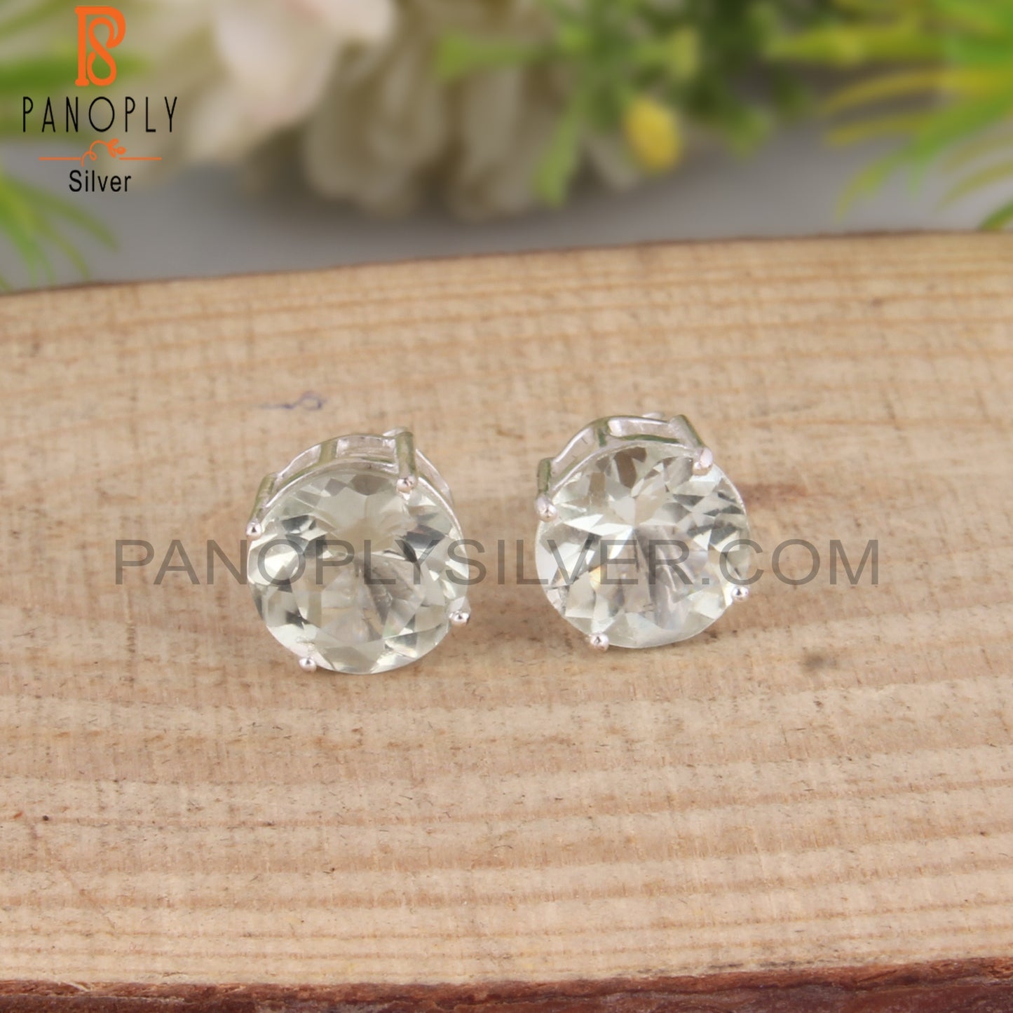 Green Amethyst Round Shape 925 Sterling Silver Studs Earrings