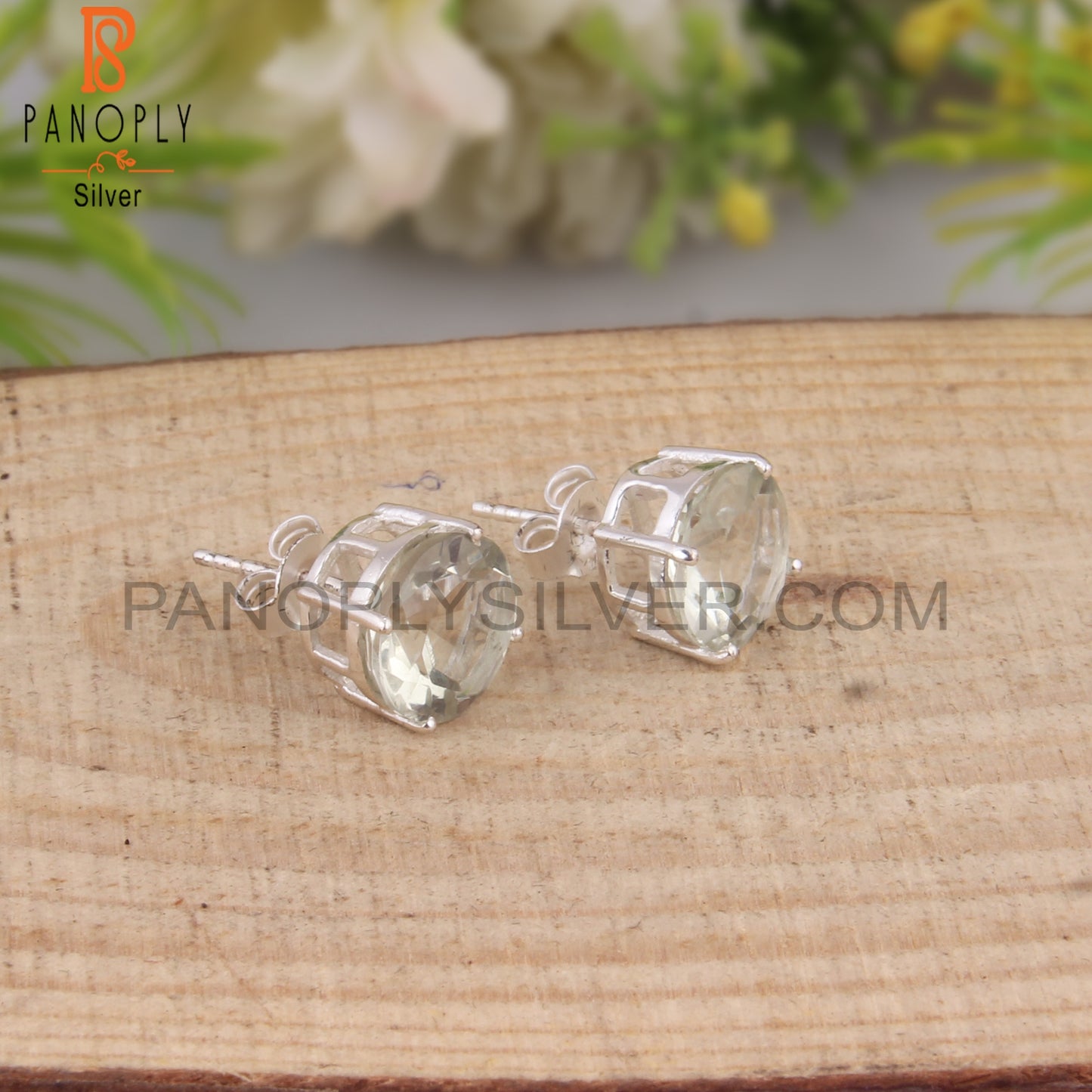 Green Amethyst Round Shape 925 Sterling Silver Studs Earrings