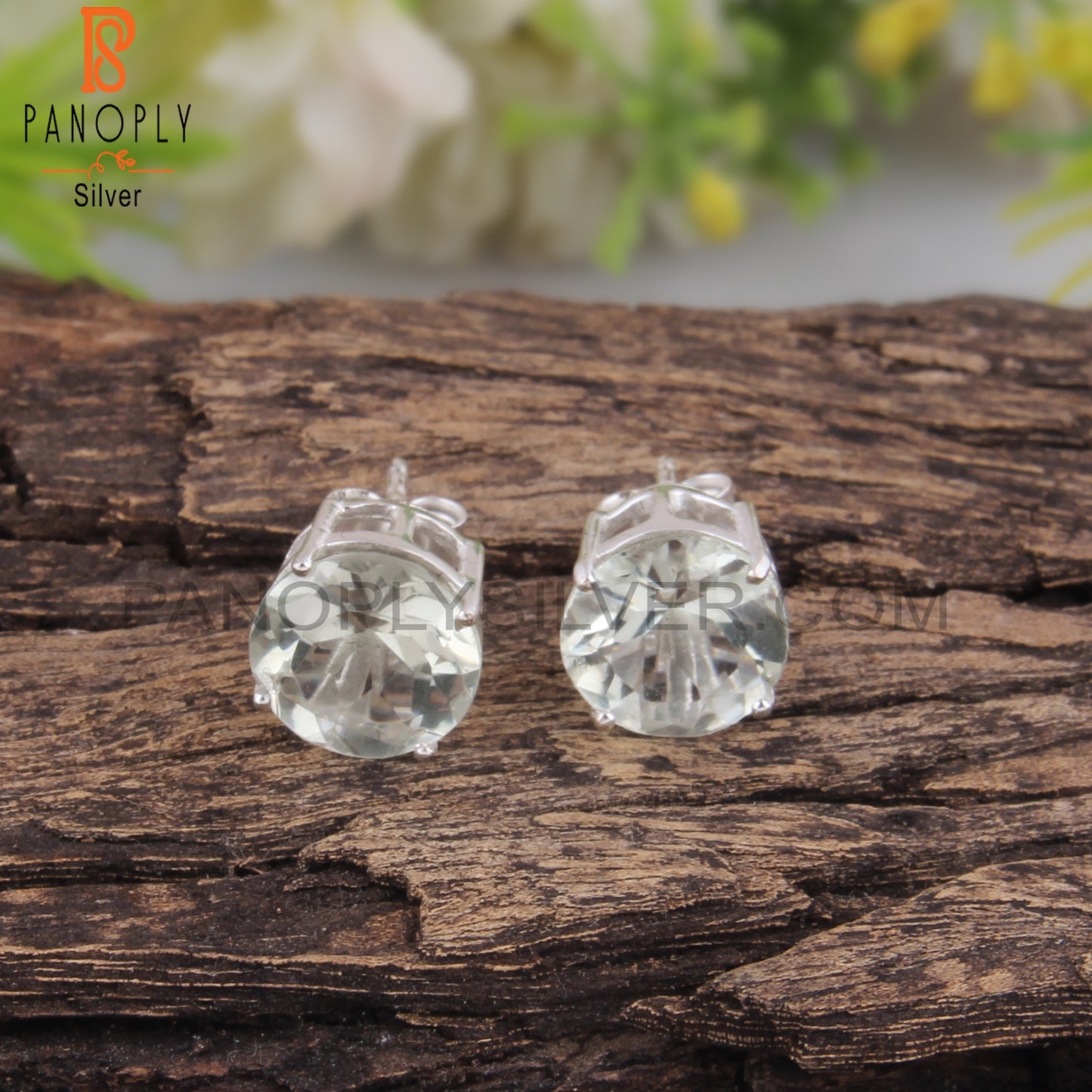 Green Amethyst Round Shape 925 Sterling Silver Studs Earrings