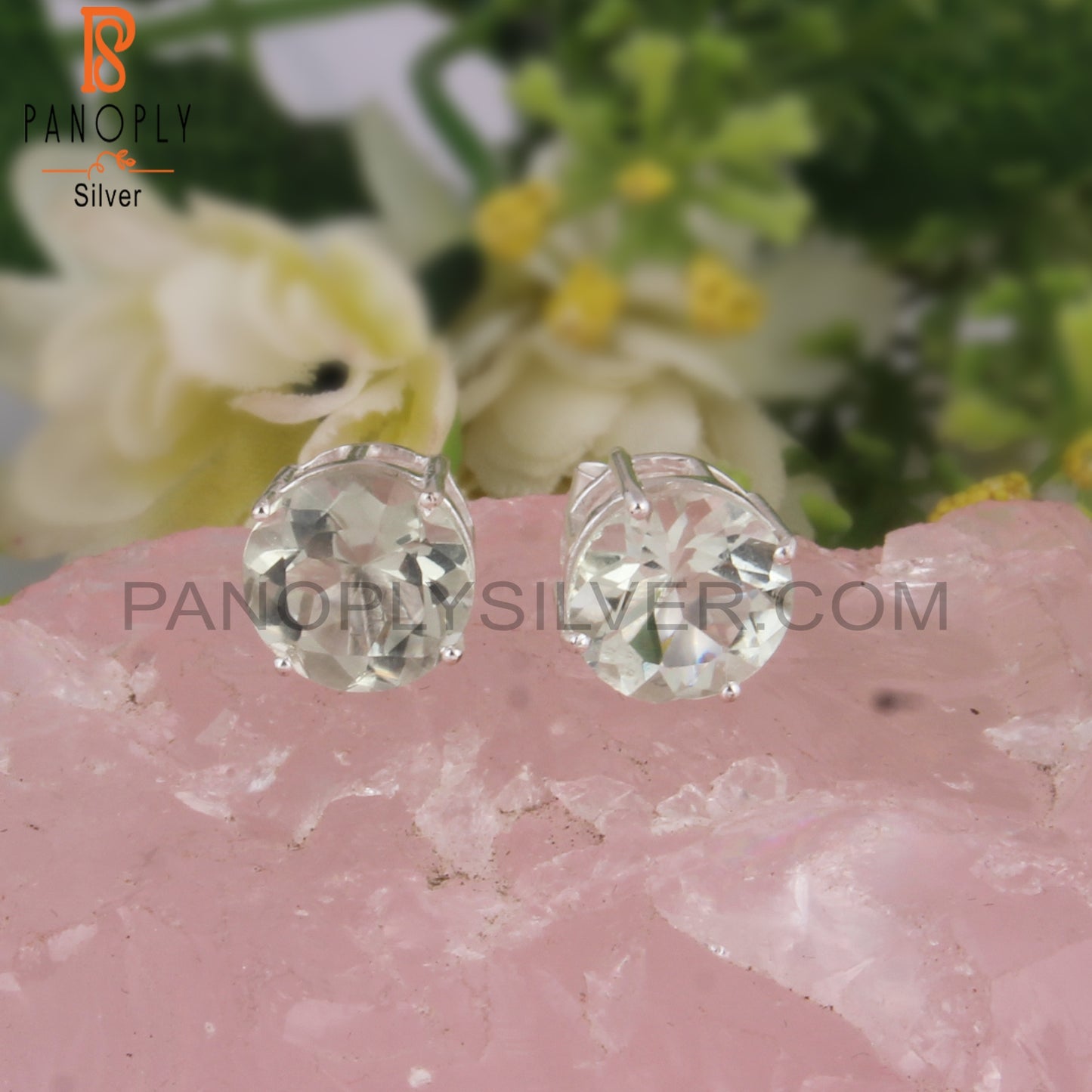 Green Amethyst Round Shape 925 Sterling Silver Studs Earrings