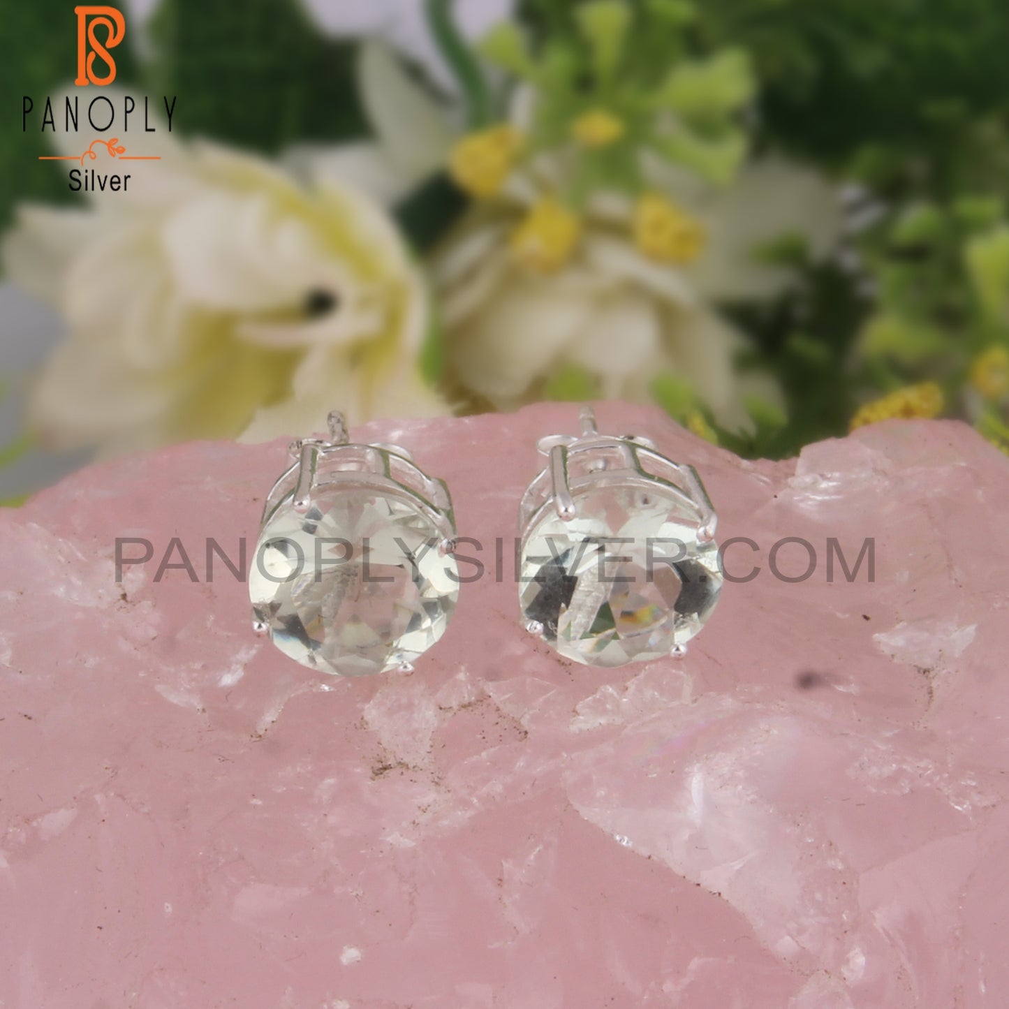 Green Amethyst Round Shape 925 Sterling Silver Studs Earrings