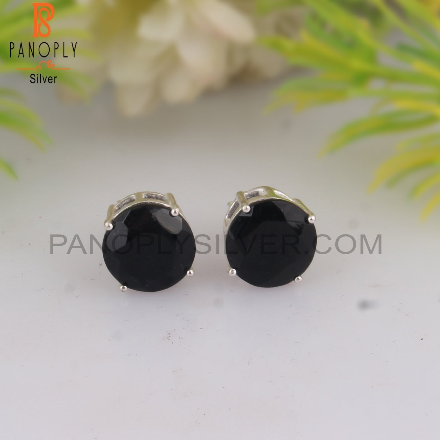 Black Onyx Round Shape 925 Sterling Silver Studs Earrings