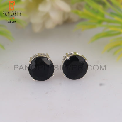 Black Onyx Round Shape 925 Sterling Silver Studs Earrings