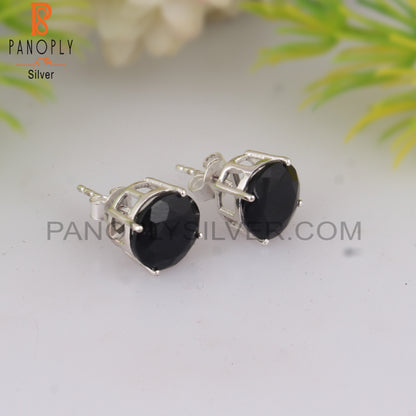 Black Onyx Round Shape 925 Sterling Silver Studs Earrings