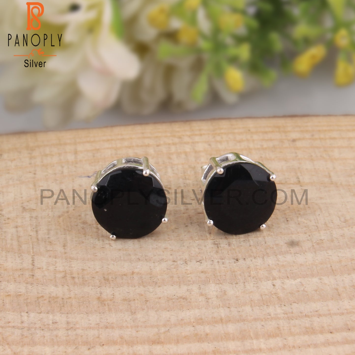 Black Onyx Round Shape 925 Sterling Silver Studs Earrings