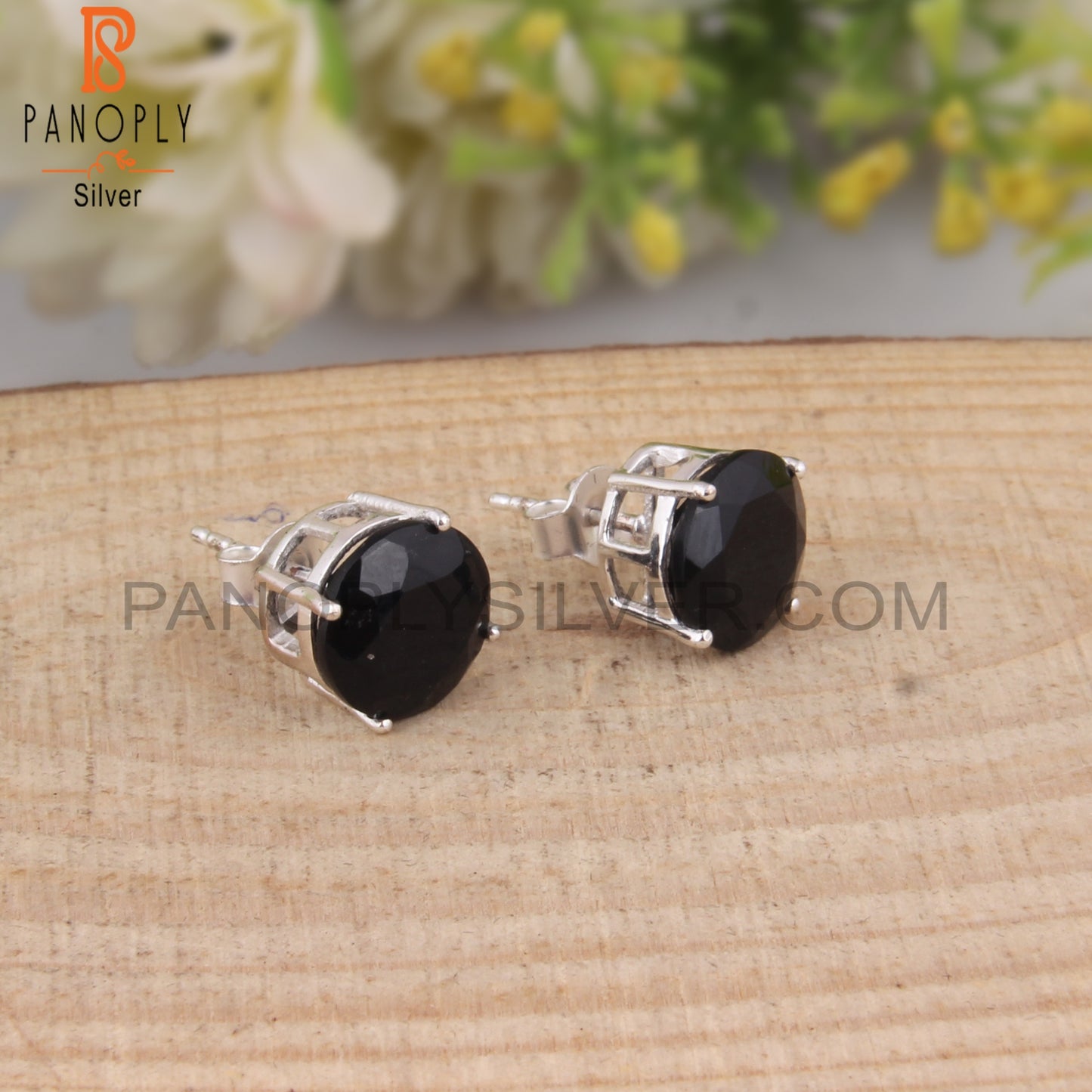Black Onyx Round Shape 925 Sterling Silver Studs Earrings
