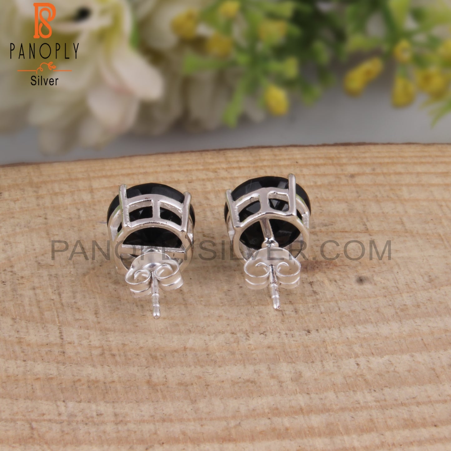 Black Onyx Round Shape 925 Sterling Silver Studs Earrings