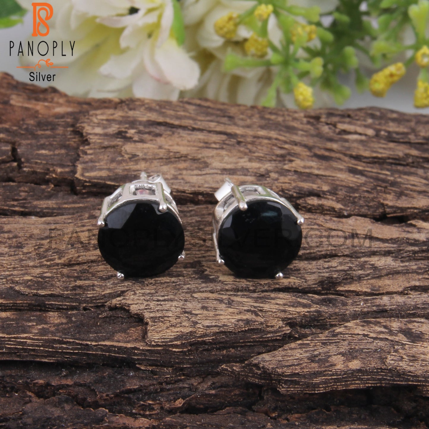 Black Onyx Round Shape 925 Sterling Silver Studs Earrings