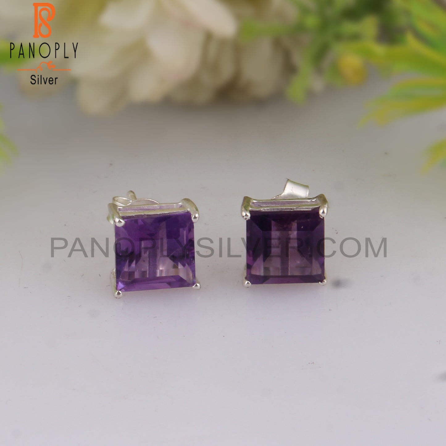 Amethyst Square 925 Sterling Silver Studs Engagement Earrings