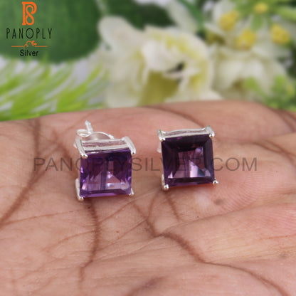 Amethyst Square 925 Sterling Silver Studs Engagement Earrings