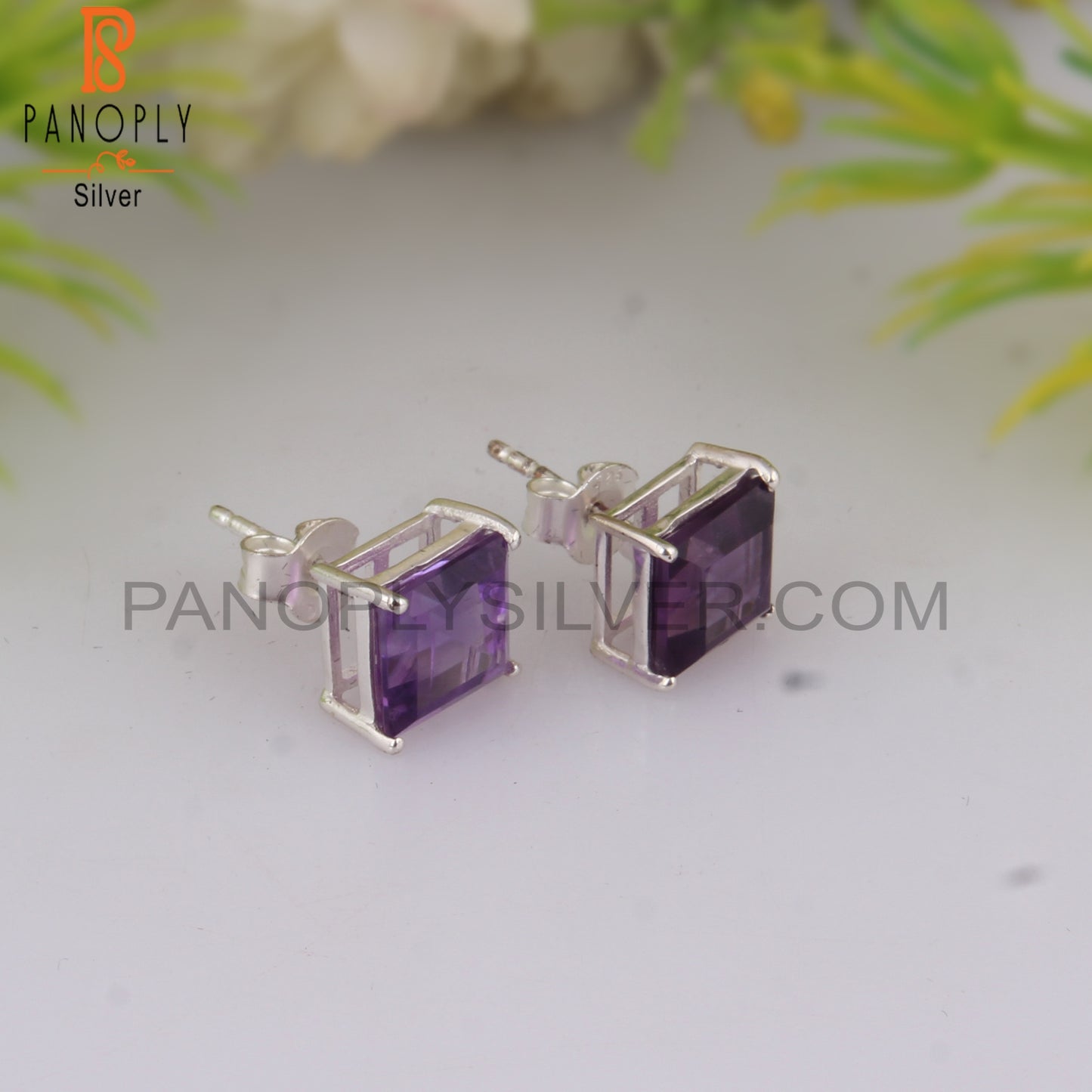 Amethyst Square 925 Sterling Silver Studs Engagement Earrings