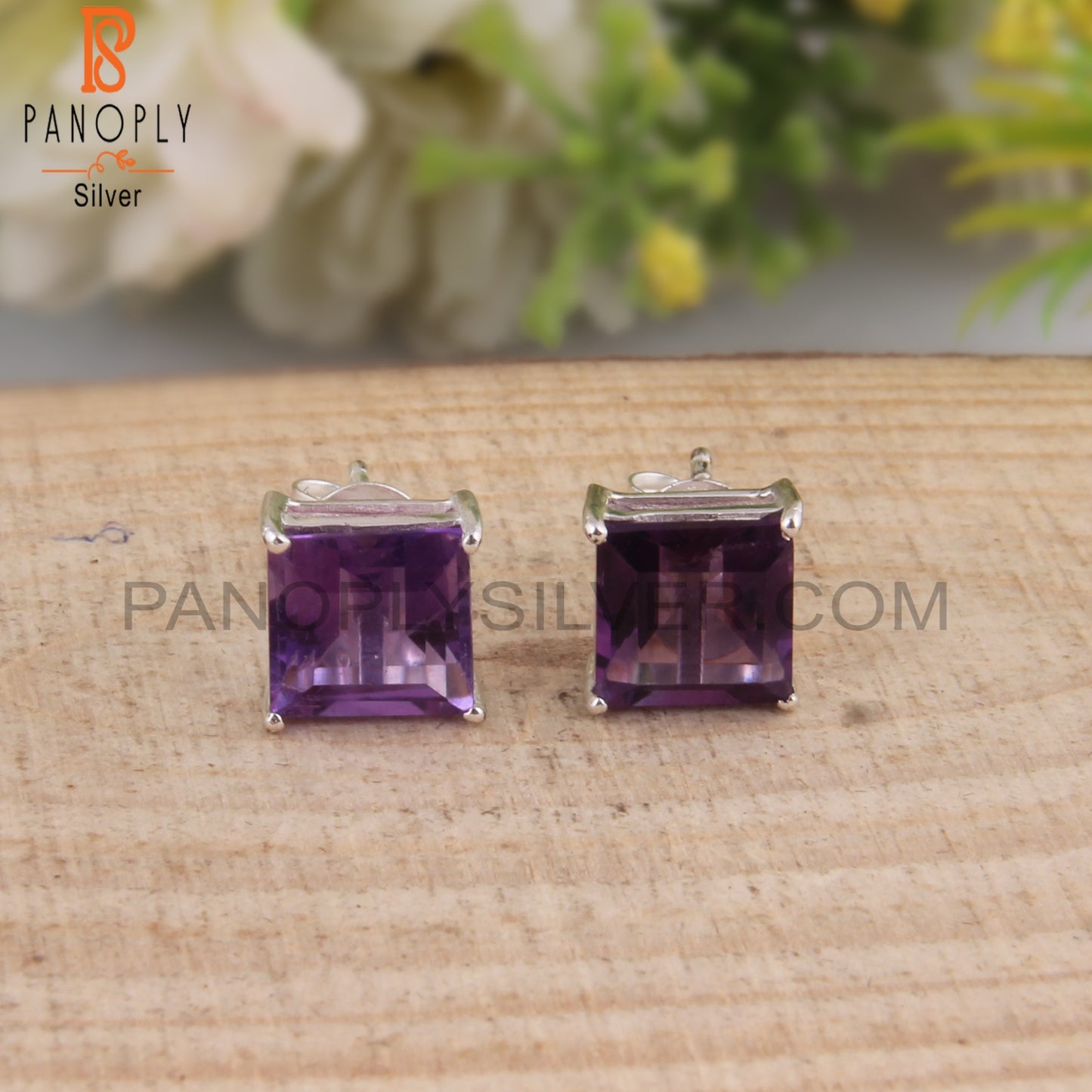 Amethyst Square 925 Sterling Silver Studs Engagement Earrings
