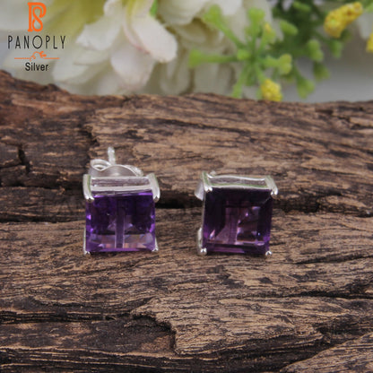 Amethyst Square 925 Sterling Silver Studs Engagement Earrings