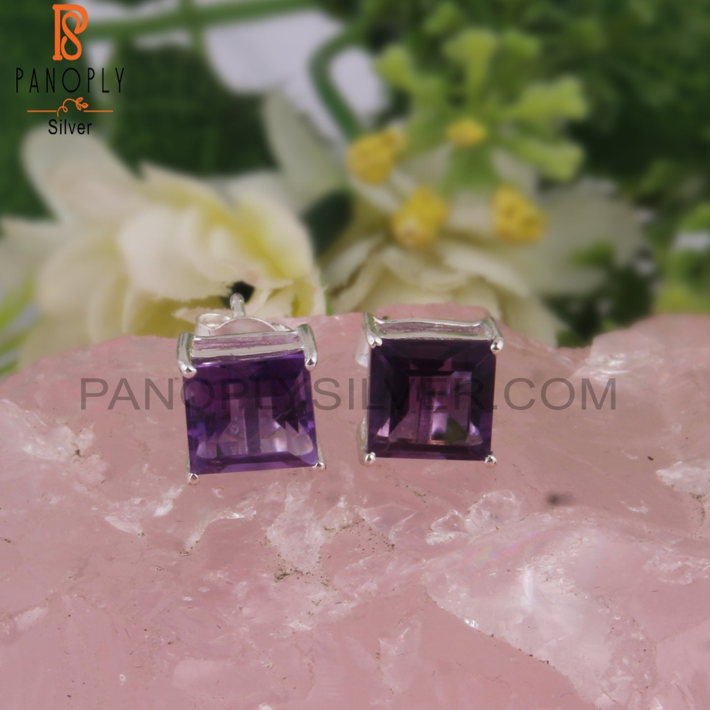 Amethyst Square 925 Sterling Silver Studs Engagement Earrings