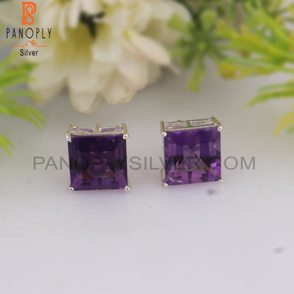 Designer Amethyst Square Shape 925 Silver Studs Earrings