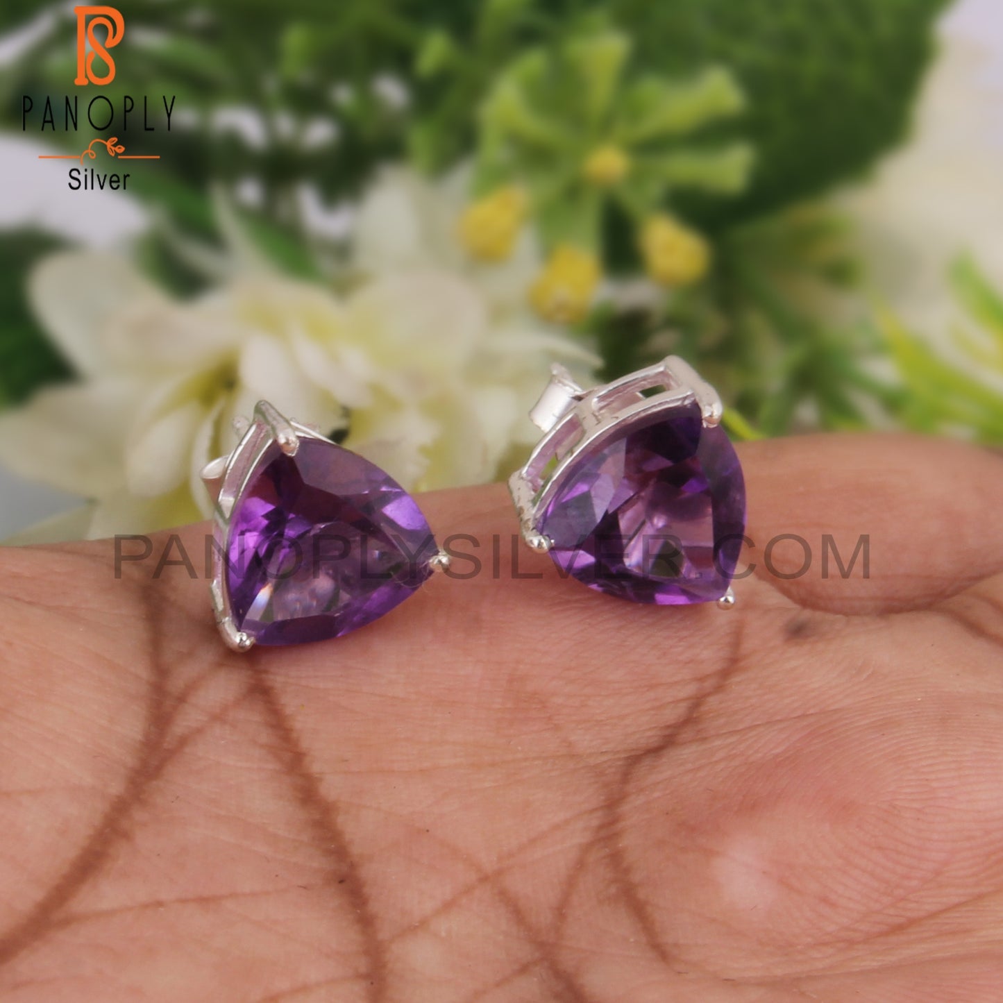 Trillion Shape Amethyst 925 Silver Studs Stylish Earrings