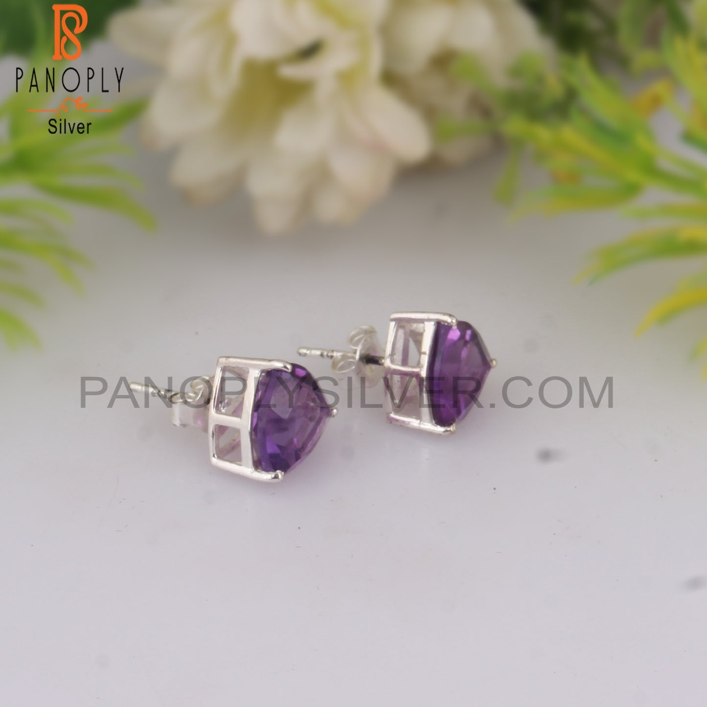 Trillion Shape Amethyst 925 Silver Studs Stylish Earrings