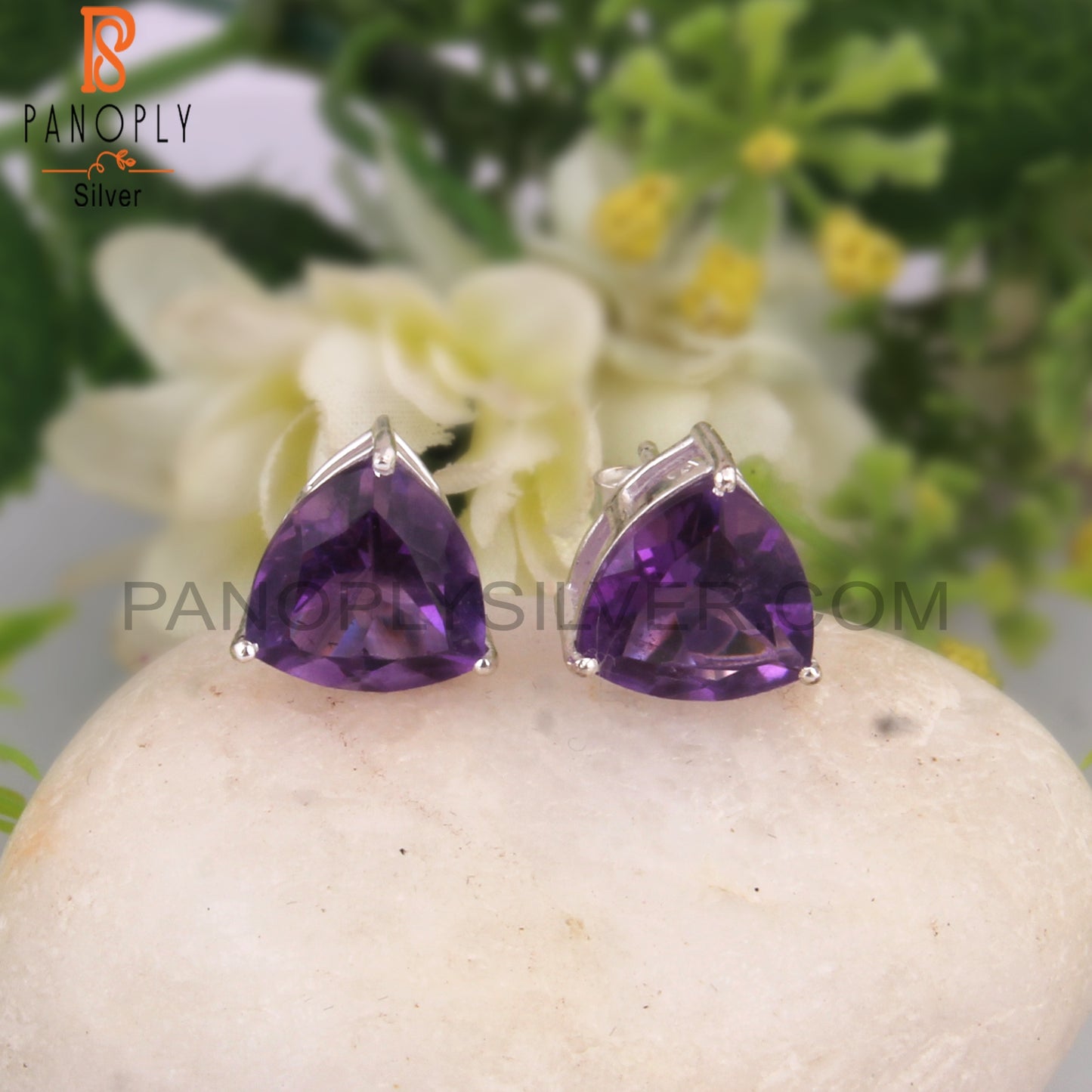 Trillion Shape Amethyst 925 Silver Studs Stylish Earrings