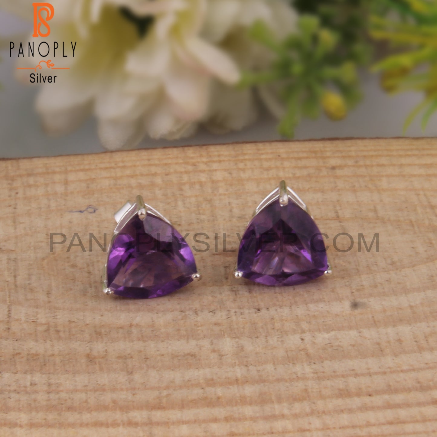 Trillion Shape Amethyst 925 Silver Studs Stylish Earrings