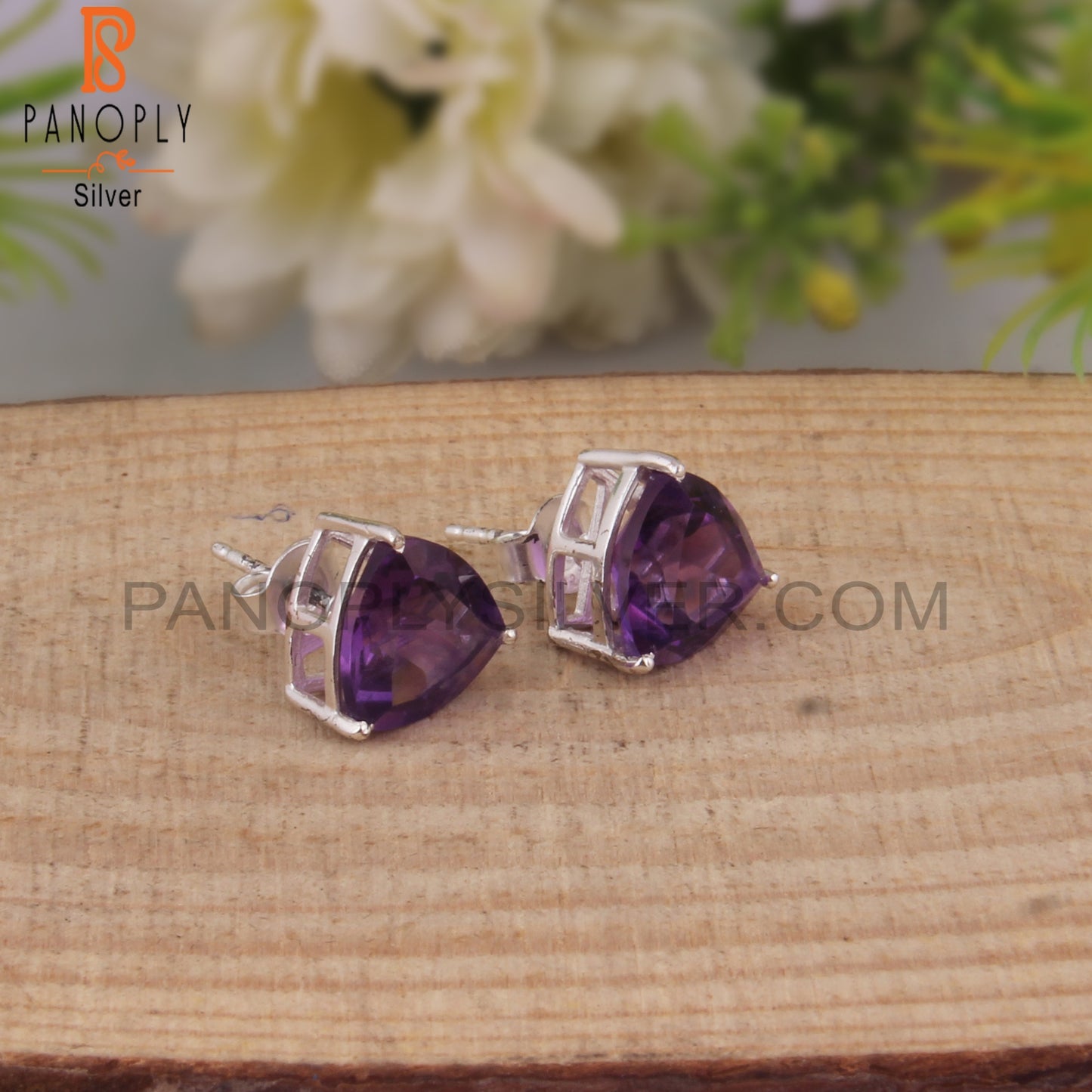 Trillion Shape Amethyst 925 Silver Studs Stylish Earrings