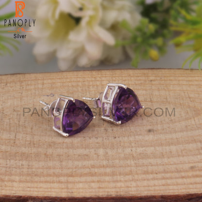 Trillion Shape Amethyst 925 Silver Studs Stylish Earrings