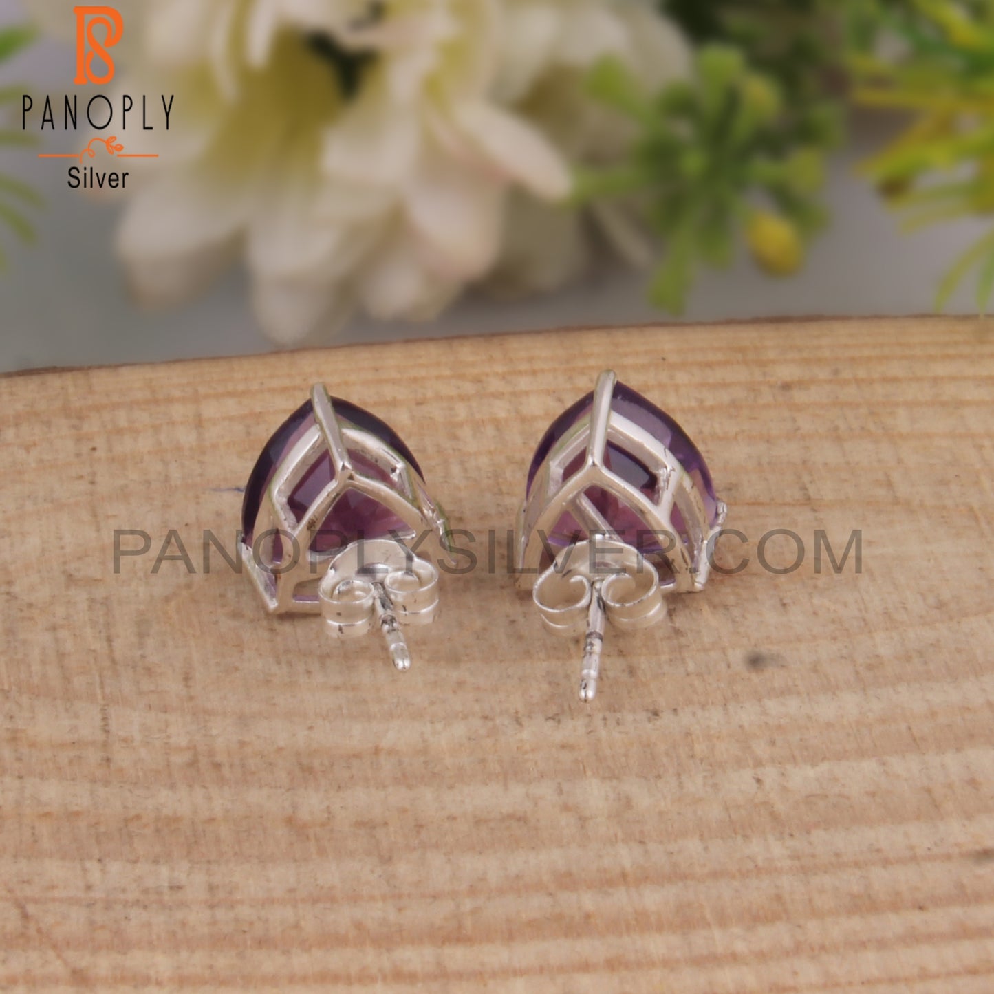 Trillion Shape Amethyst 925 Silver Studs Stylish Earrings
