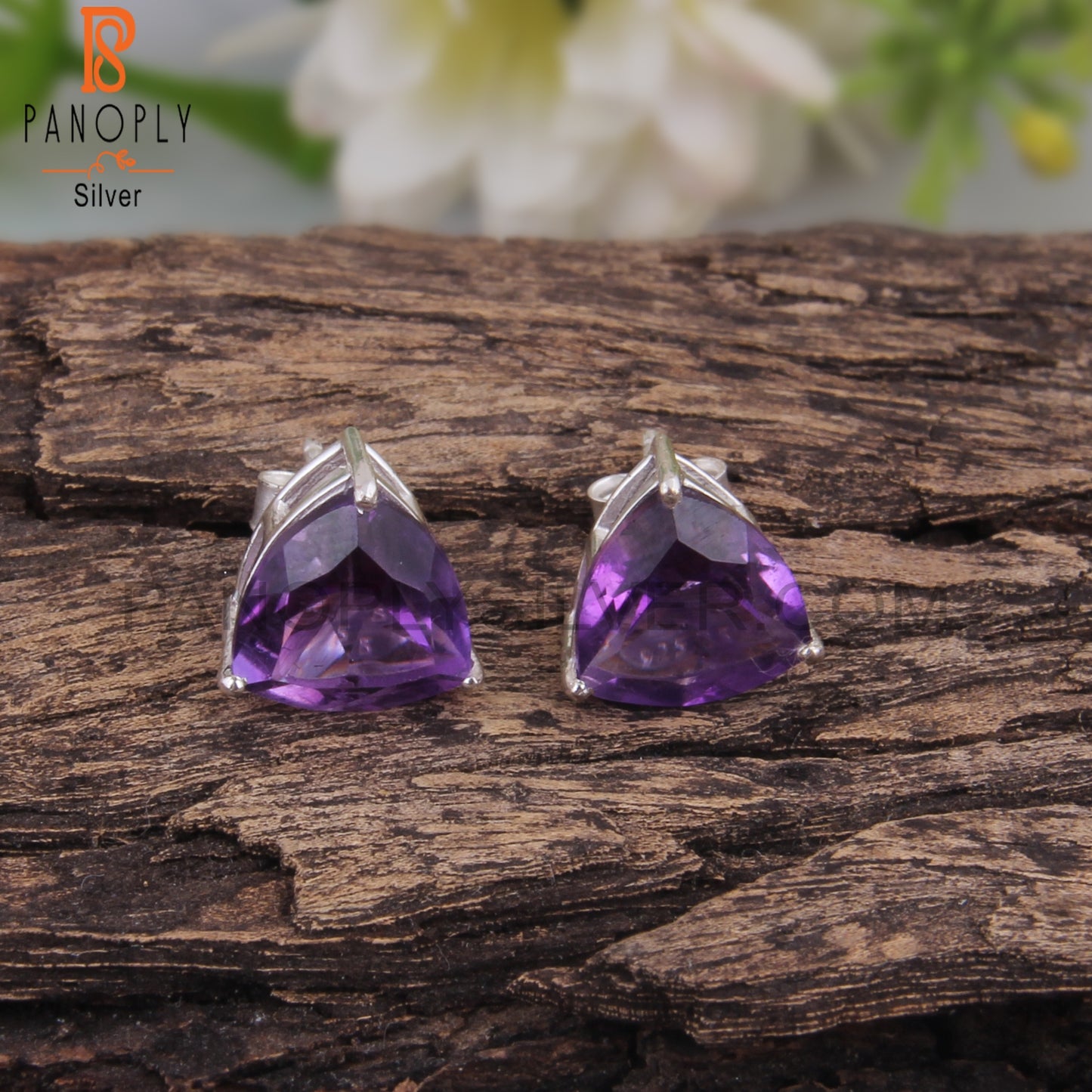 Trillion Shape Amethyst 925 Silver Studs Stylish Earrings