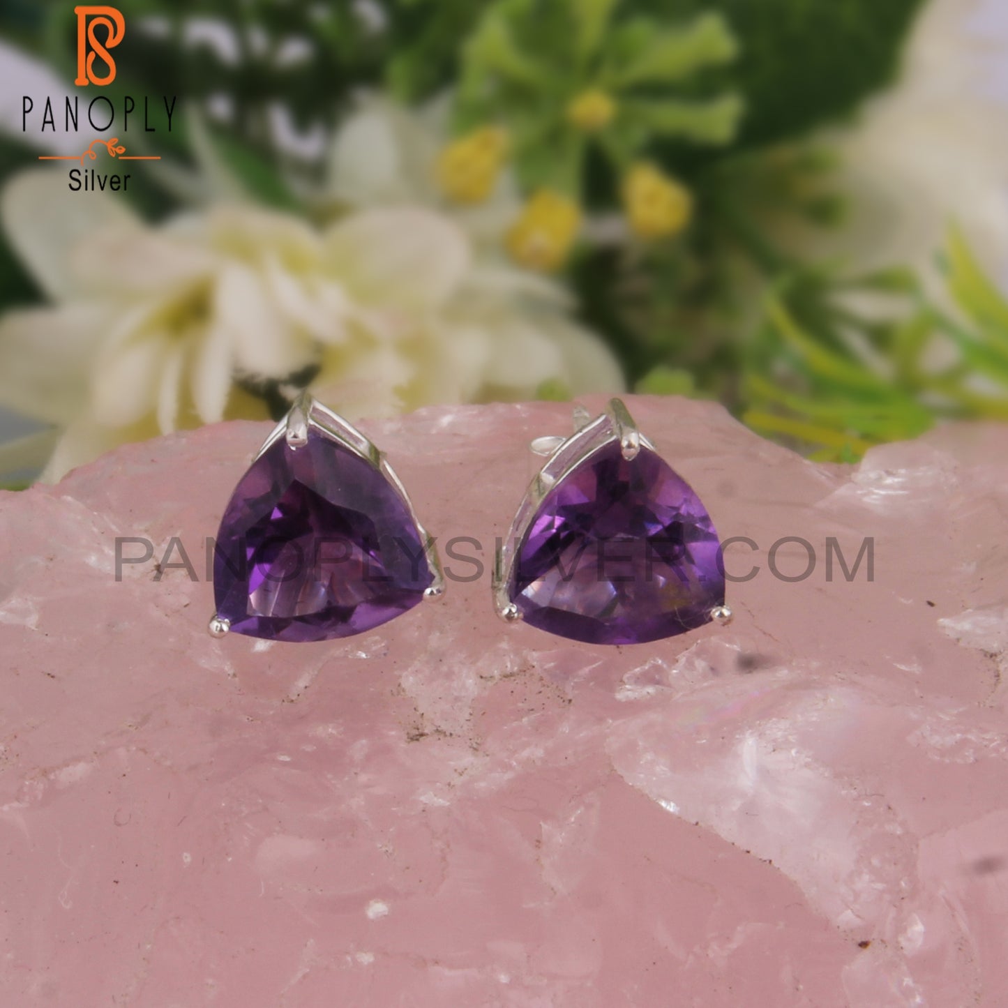 Trillion Shape Amethyst 925 Silver Studs Stylish Earrings