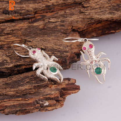 Ruby & Emerald 925 Sterling Silver Octopus Dangle Earrings