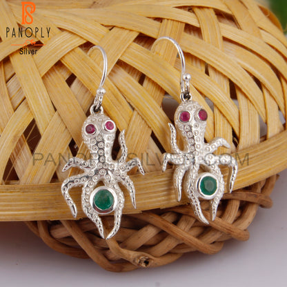 Ruby & Emerald 925 Sterling Silver Octopus Dangle Earrings