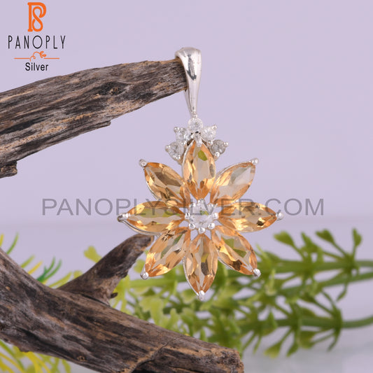 Citrine & White Topaz Floral 925 Sterling Silver Pendant