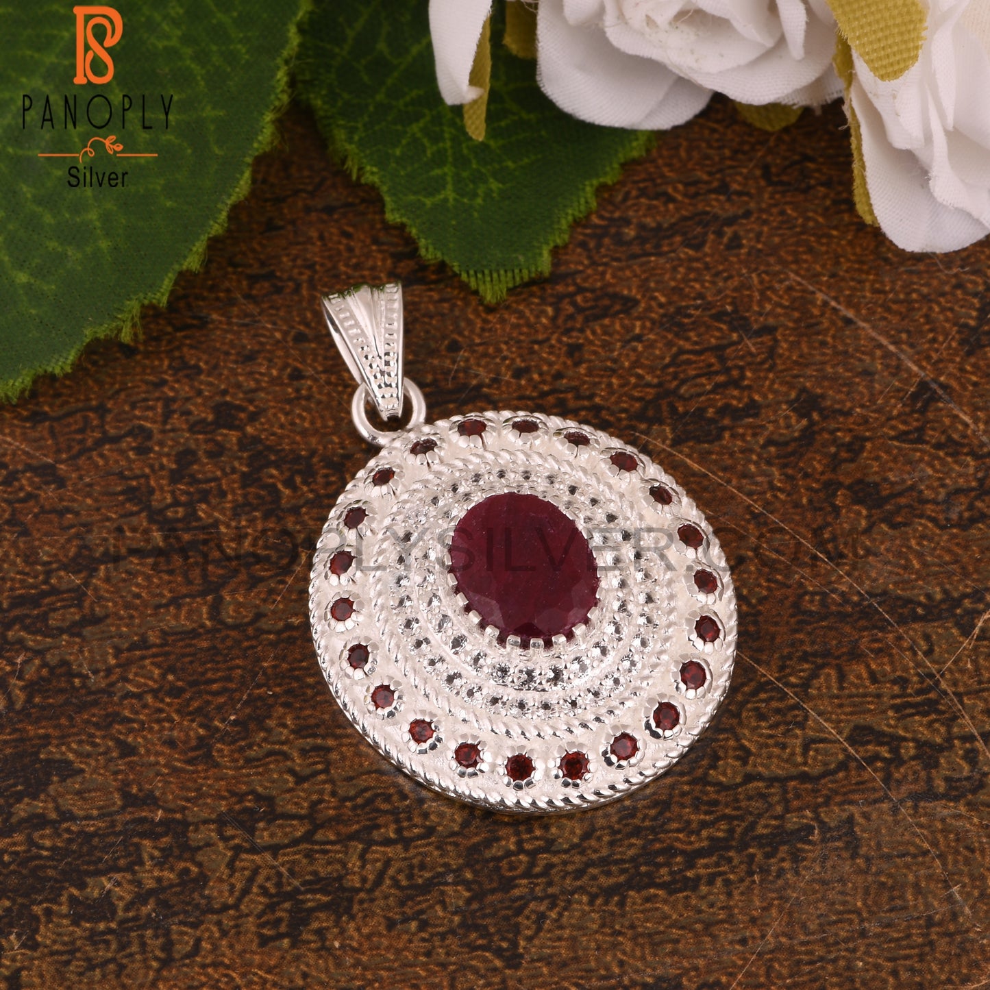 White Topaz & Corundum Ruby Oval S 925 Silver Pendant