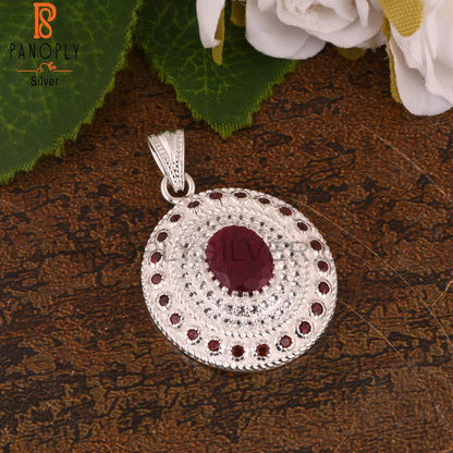 White Topaz & Corundum Ruby Oval S 925 Silver Pendant