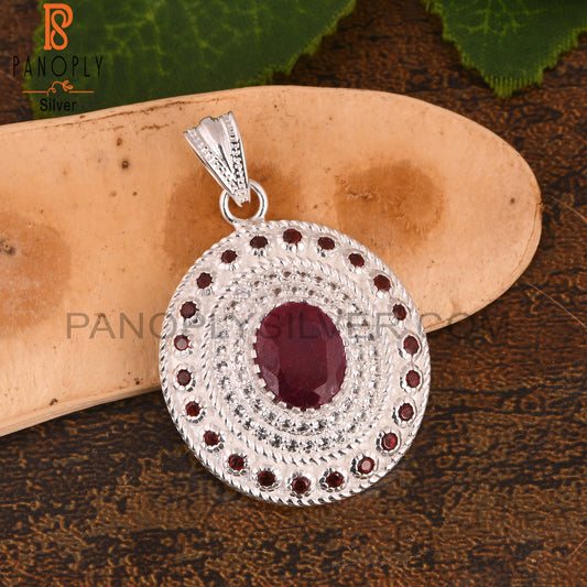 White Topaz & Corundum Ruby Oval S 925 Silver Pendant