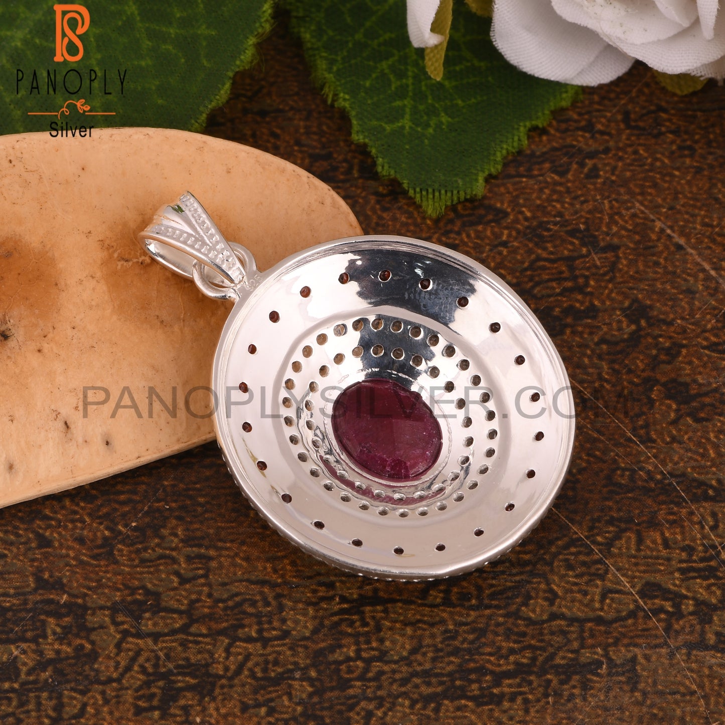 White Topaz & Corundum Ruby Oval S 925 Silver Pendant