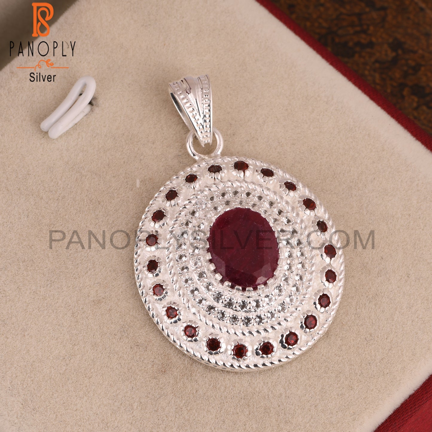 White Topaz & Corundum Ruby Oval S 925 Silver Pendant