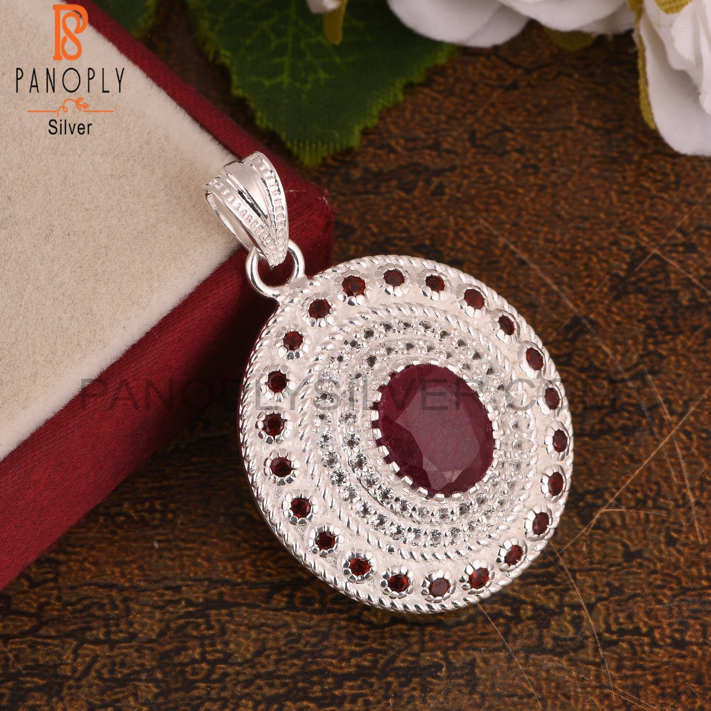 White Topaz & Corundum Ruby Oval S 925 Silver Pendant