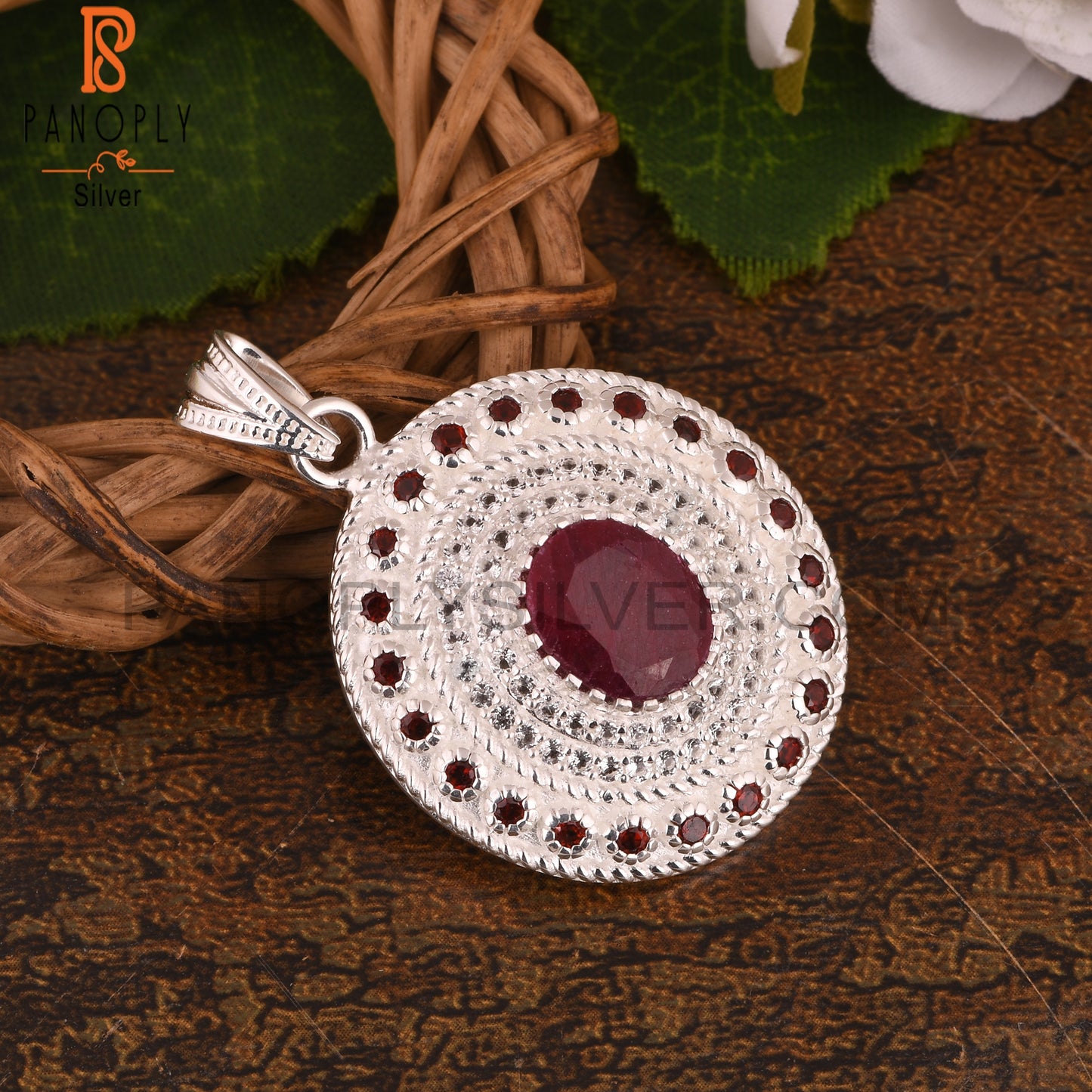 White Topaz & Corundum Ruby Oval S 925 Silver Pendant