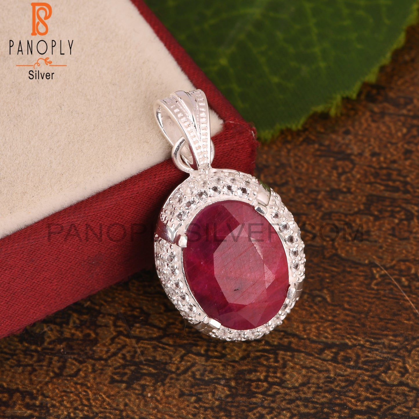 White Topaz & Corundum Ruby Oval 925 Sterling Silver Pendant