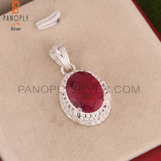 White Topaz & Corundum Ruby Oval 925 Sterling Silver Pendant