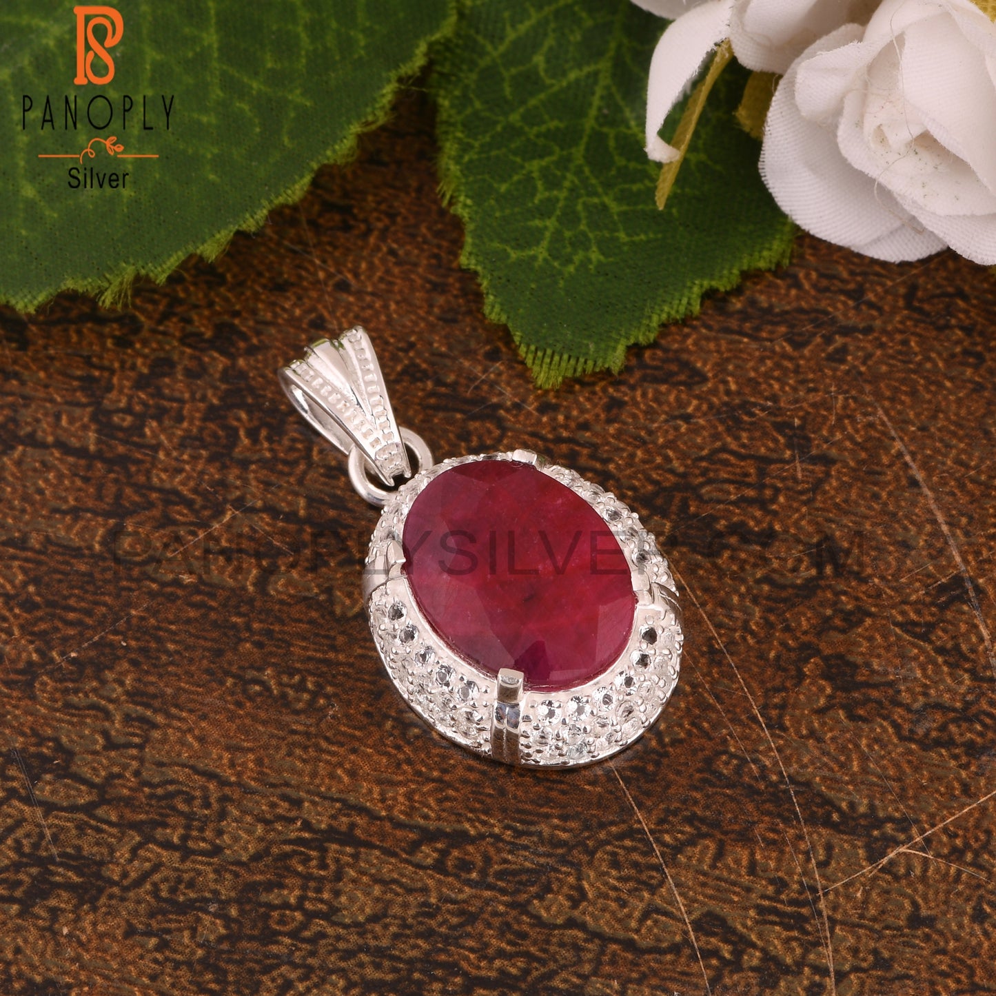 White Topaz & Corundum Ruby Oval 925 Sterling Silver Pendant